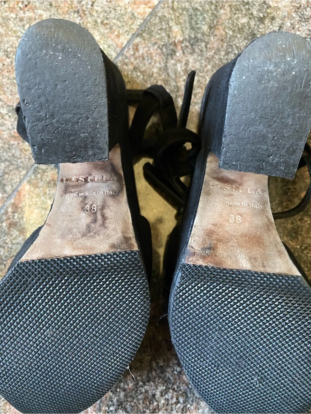 L Silla Black Suede Platform Block Heel Sandals, Size 8
